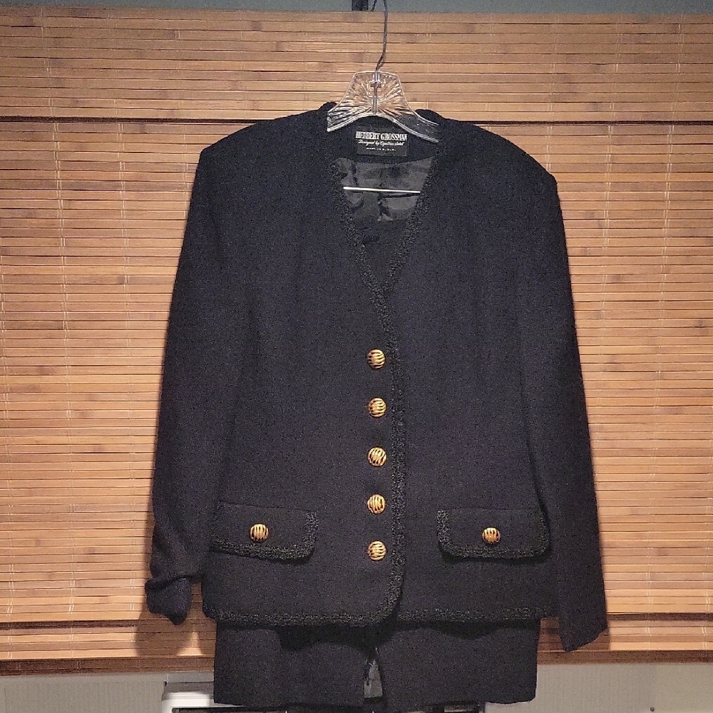 Herbert Grossman 2 Piece Suit Black Blazer with Copper Buttons And Skirt